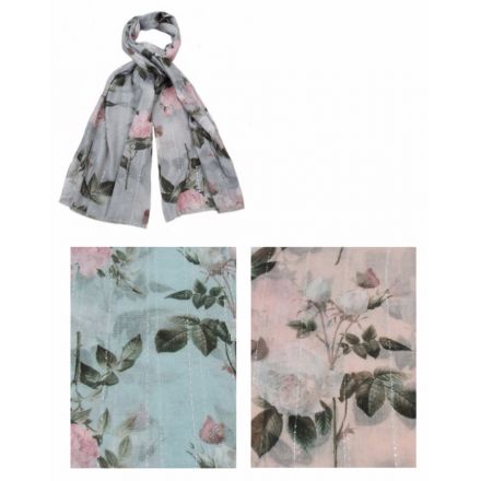 An assortment of 3 floral scarves each with silver thread running through. A chic gift and fashion accessory.
