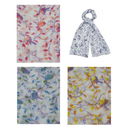 An assortment of 4 pretty spring scarves in a mix of pastel colours, each with a bird design.