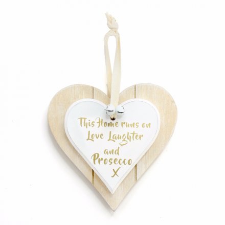 A white double heart hanging decoration with love, laugh & prosecco slogan