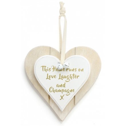 Double Heart Love, Laugh & Champagne Hanging Decoration