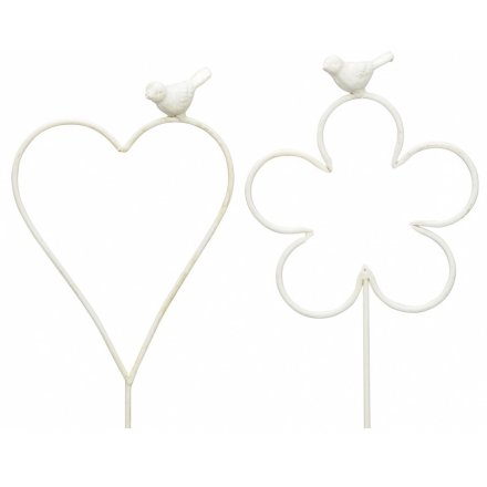Cream Metal Heart and Flower Stakes w Birds