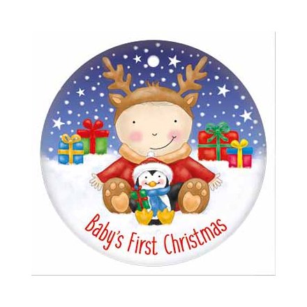 Babys First Christmas Reindeer Round Metal Sign