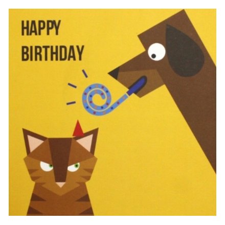 A colourful graphic design greetings card with an angry cat and party dog. Perfect for those who might be feeling grumpy