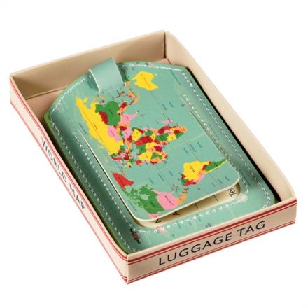 A vintage style world map luggage tag with gift box. A great gift item for those who love to travel!