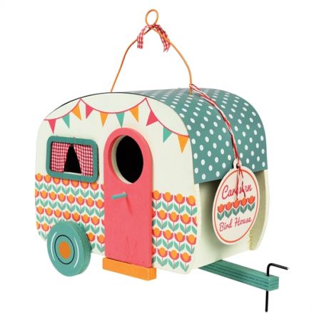 A fabulous vintage caravan shaped birdhouse in pastel colours with hanging wire.