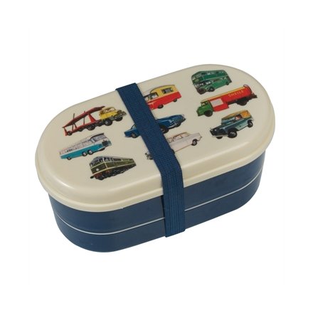 This two tier Vintage Transport design bento box has two compartments and cutlery