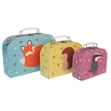 Rusty the fox, Mr Badger and Honey the Hedgehog woodland cases. A charming woodland style storage solution.
