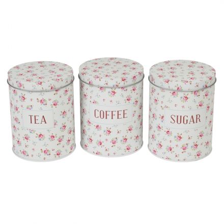 A set of 3 metal tea, coffee and sugar storage tins in the pretty and popular La Petite Rose design.