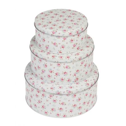 A charming set of metal cake tins covered with a pretty pink Petit Rose decal 
