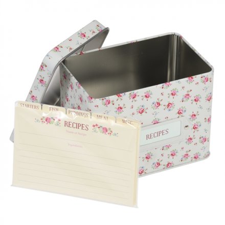 A metal recipe tin in the popular La Petite Rose design with matching recipe cards and dividers.