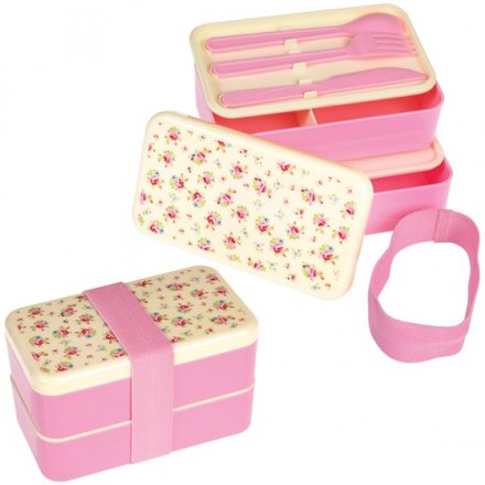 A pretty and stylish Bento Box with two compartments, knife, fork and spoon.