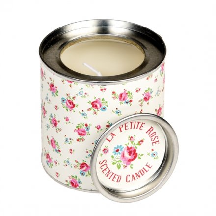 A pretty rose scented candle set within a tin in the popular La Petite Rose design.