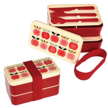 Picnic in style with this Vintage Apple design Bento box complete with two compartments and a knife, fork and spoon.