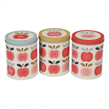 A set of three attractive storage tins in the popular Vintage Apple design. The set includes tea, coffee and sugar tins.