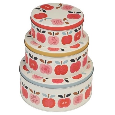 Store your freshly baked goods in this set of three nesting cake tins with a chic vintage apple design.