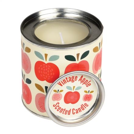 A apple scented candle set within a tin decorated in the popular Vintage Apple design. A lovely gift and home item!