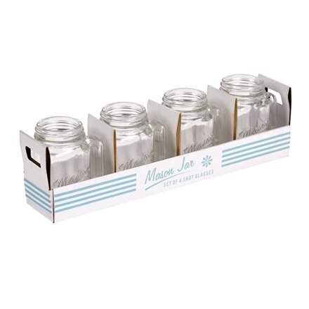 A set of 4 50ml mason jar shot glasses with retro packaging. A great drinking jar for parties and get togethers.