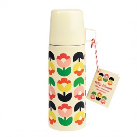 A pretty and colourful Tulip Bloom drinks flask with cup. Perfect for those on the go!