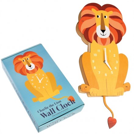 A cute Charlie the Lion wooden wall clock with swinging tail pendulum.