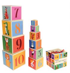 A set of 10 Colourful Creatures alphabet and number stacking blocks, each with a different character on.