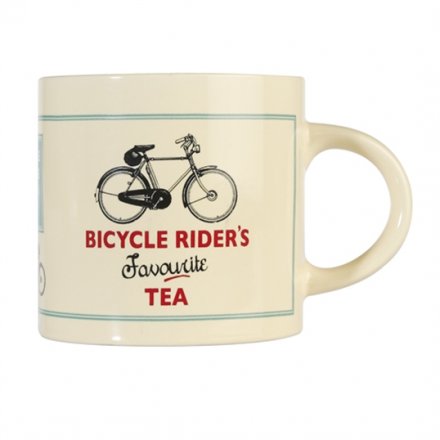 A large cream "bicycle riders favourite tea" ceramic mug, dishwasher and microwave safe.