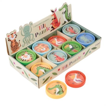 Assorted tilt puzzles in a retail display box. Featuring a selection of animals from the Colourful Creatures range