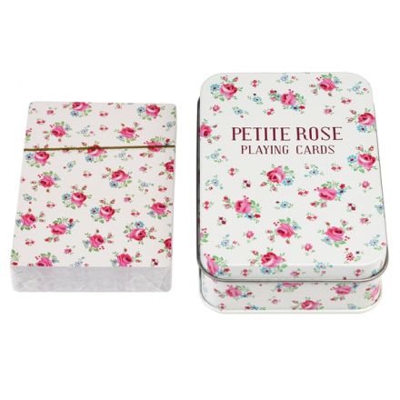 A set of playing cards with a metal tin in the popular La Petite Rose design. An essential travel game much loved by all