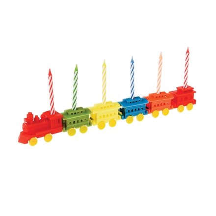 A must have for any party! A set of 6 unique coloured train shaped candle holders and candles.
