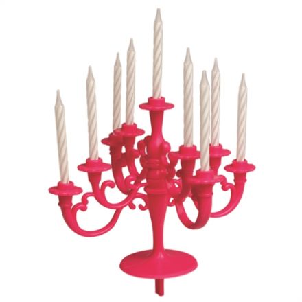 A fabulous pink candelabra with nine arms. Perfect for topping any celebration cake! Complete with candles.