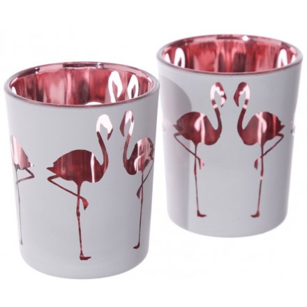  A stylish flamingo fun themed set of votive candle pots. Set in style with its frosted out and flamingo pink inner 