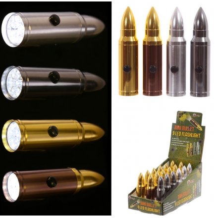 A novelty LED bullet shaped torch in 3 assorted designs. A unique pocket money priced item.