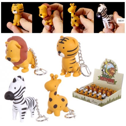 A mix of 4 zoo animal key rings each with an LED light and sound.