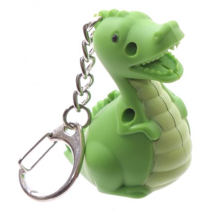 A cute, quirky and practical dinosaur shaped key ring with LED light up function.