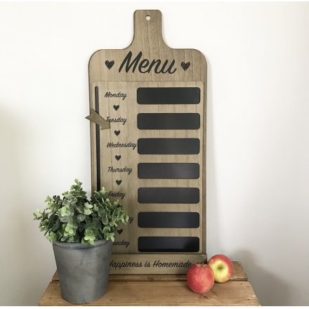 A rustic wooden Weekly Menu Plaque featuring 7 blackboard label spaces, scripted text writing and a moveable arrow point