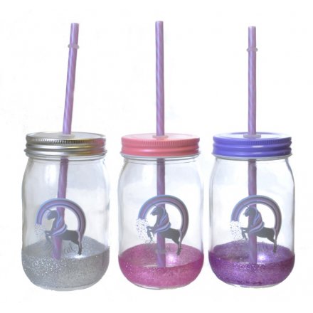 3 assorted glittered mason jar finished with a pink striped straw and silver unicorn print 