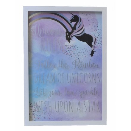a mystical and magical unicorn themed hanging wall plaque