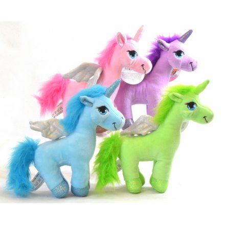 A mix of 4 magical standing unicorn soft toys with wings and glitter toes.