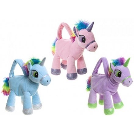 A mix of 3 magical unicorn shaped handbags with glitter detailing and coloured mane and tail.