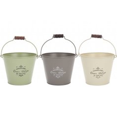 3 assorted vintage style bucket planters in cream, sage and green colours. A great gift item and garden accessory.