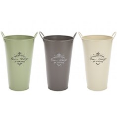 A mix of 3 garden cream and green vintage flower buckets/planters.