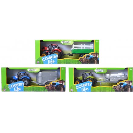 A fun assortment of tractors and trailers in blue, green and red.