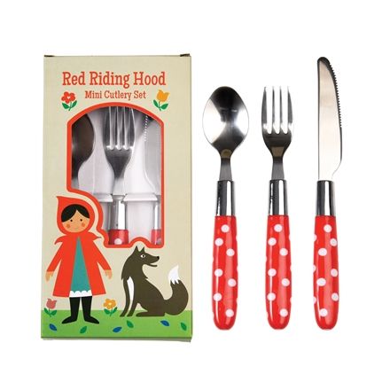 A three piece polkadot cutlery set in the fairytale red riding hood design box.