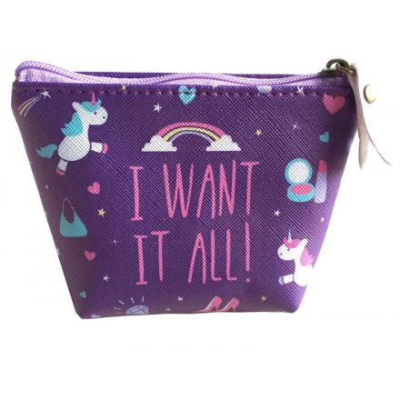 Purple Unicorn Coin Purse  Keep all your loose change safe in this magical unicorn printed pvc purse 
