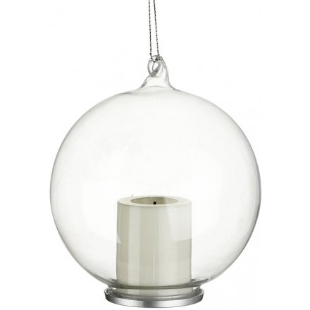  Bring a cozy warm glow to your Christmas Tree display with this simple glass bauble with a fitted led candle 