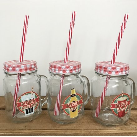  An assortment of 3 retro glass drinking mason jars 