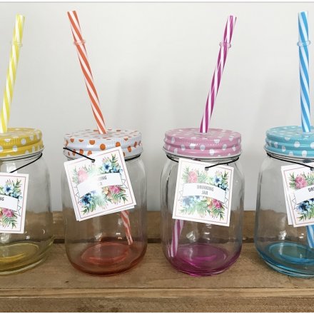  An assortment of 4 colourful drinking jars, each complete with a matching straw.
