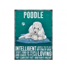 A mini metal sign with a Poodle illustration with characteristics listed.