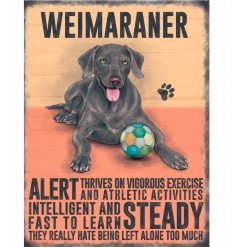 A charming metal sign with a Weimaraner image and dog breed characteristics. 