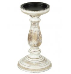 A beautifully distressed wooden candle stick set with a white washed charm 