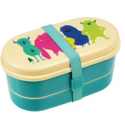 A fun and practical 3 compartment bento box with spoon, fork and nylon strap. In the popular Monsters of the World 